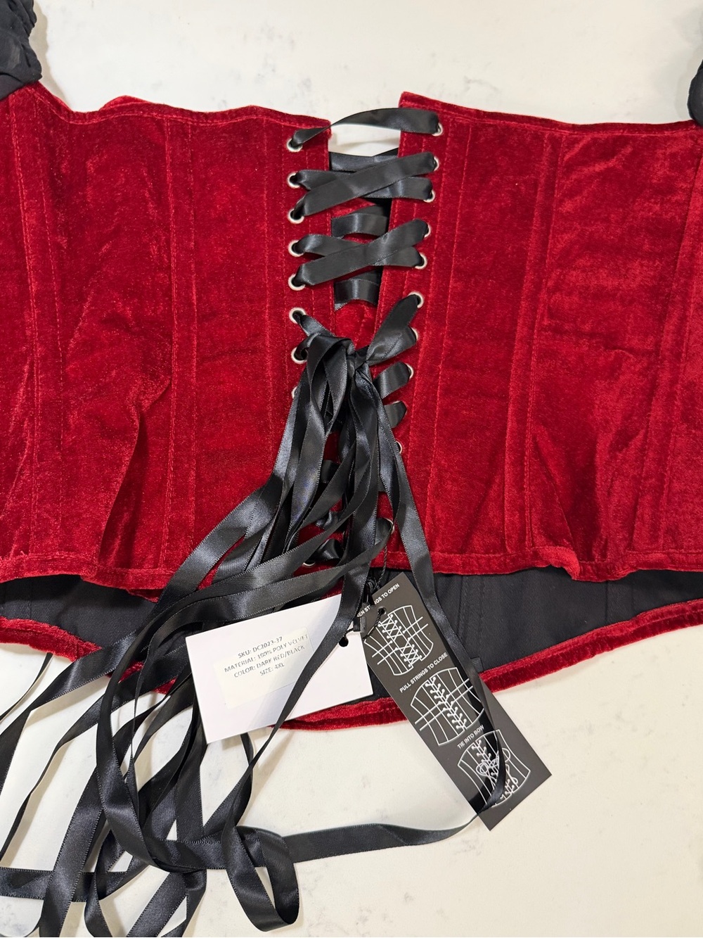 Red Velvet Lace-Up Corset with Black Lacing and black sleeves - Women’s Accessor - Picture 6 of 16